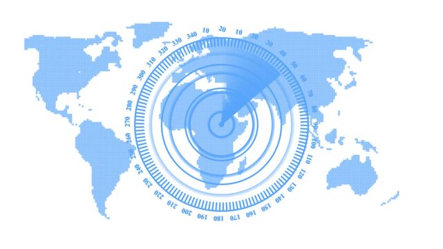 Blue map with radar display and concentric circles on a white background globe earth continent