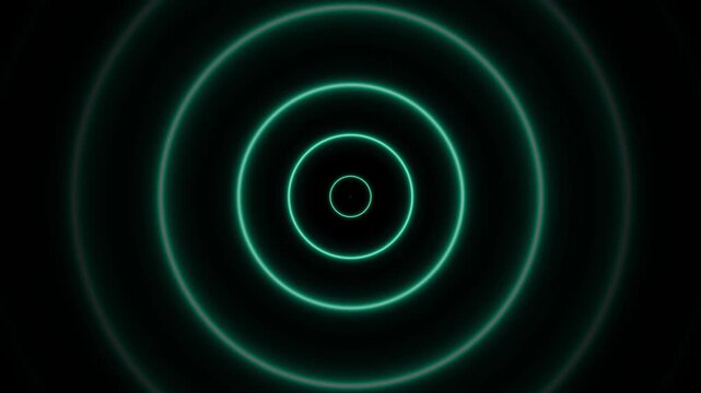Concentric neon teal circles expanding outwards from a central point against a deep black background creating a hypnotic digital tunnel effect