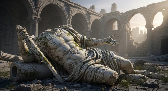 Ancient King Statue Lying Amidst Roman Ruins