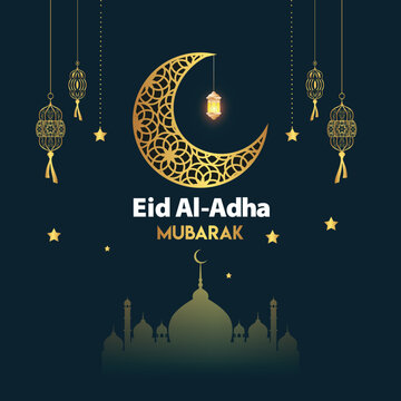 Eid al-Adha Mubarak celebration with lanterns, crescent moon, and mosque silhouette
