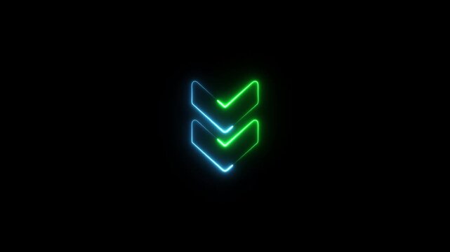 Two stacked neon chevron arrows pointing downwards in electric blue and lime green against a dark black background