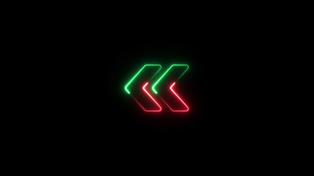 Two stacked neon chevron arrows pointing left in vivid red and bright green against a black background