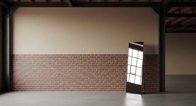 Minimalist industrial loft interior with brick wall and window