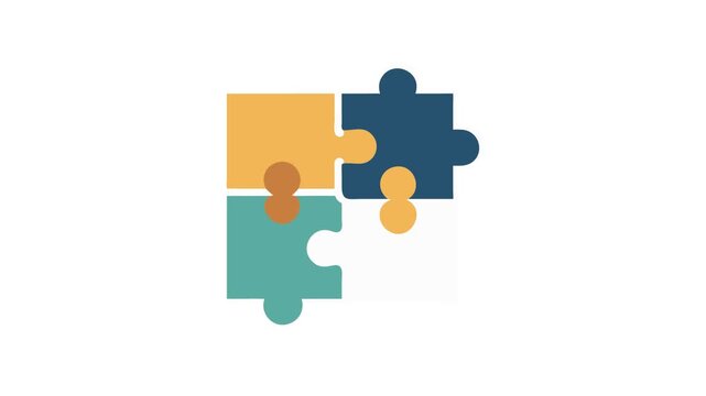 Four jigsaw puzzle pieces connected representing teamwork and solutions