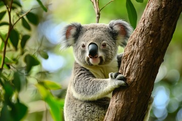Obraz premium Koala climbs a tree while resting in its natural habitat during the day in Australia