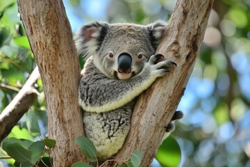 Obraz premium Koala resting on tree branch in natural habitat during daylight hours in Australia
