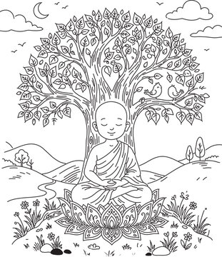 Vector line art illustration of a meditating figure seated on lotus beneath a large tree with hills, clouds, birds, and crescent moon for spiritual, mindfulness, and lifestyle themes.