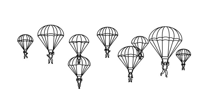 Group of Parachutists Skydiving Vector Outline Illustration Isolated on White Background