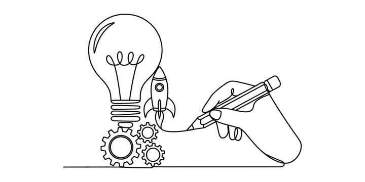 Hand drawing idea light bulb rocket gears and pencil, concept of creativity and startup