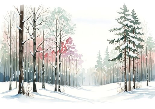 Contrast of winter forest with blossoming cherry trees amidst snow