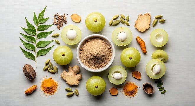 Amla fruit powder with fresh indian gooseberry herbs and spices for natural ayurvedic medicine. amla powder
