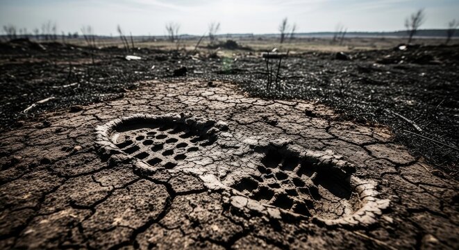 Bootprint in Cracked Mud of Barren Landscape
