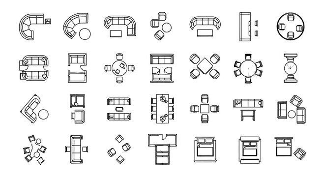 architectural furniture and interior design elements autocad plans top view