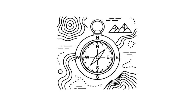 Minimalist Compass and Topographic Map Line Art Illustration for Adventure and Navigation Concepts