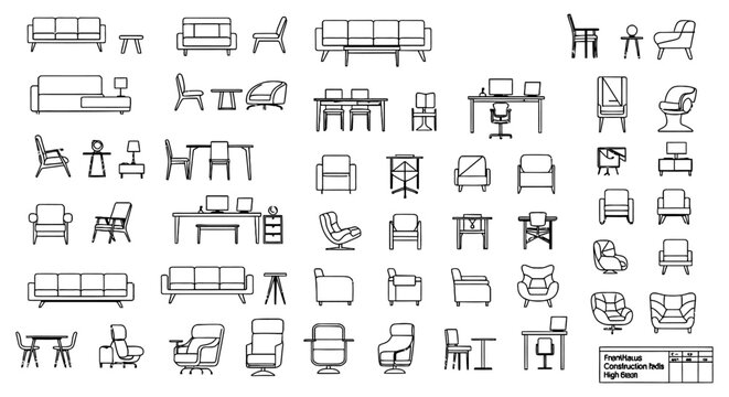 architectural furniture and interior design elements on white background vector set