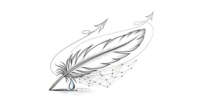 Elegant feather and ink drop illustration with arrow and network elements
