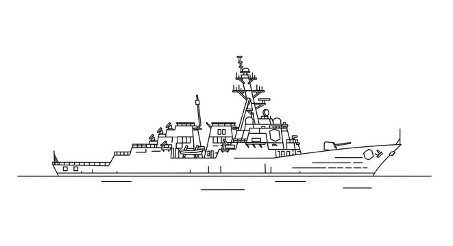 Modern Naval Destroyer Warship Vector Line Art Illustration - Arleigh Burke Class Guided Missile Destroyer Profile Drawing