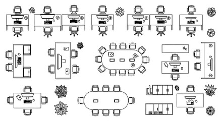 Obraz premium overhead view of office floor plans with workstations meeting tables and furniture