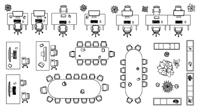overhead view of office furniture and conference room layouts business meeting spaces