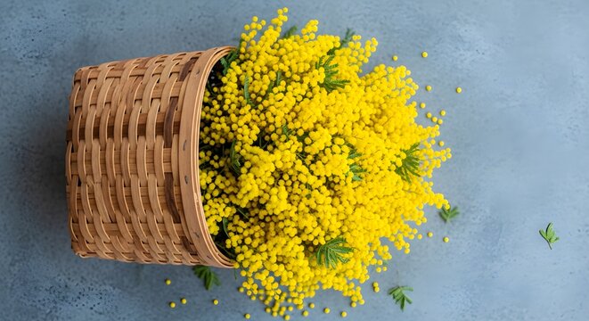 Top view of upright woven basket bursting with dense yellow mimosa flowers against a textured blue background, with tiny petals scattered nearby, forming a bold graphic composition that celebrates col