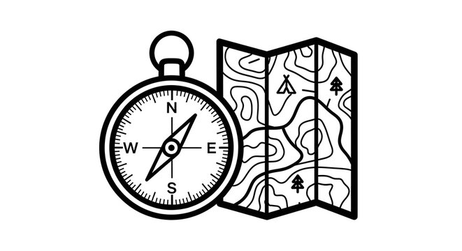Compass and Folded Topographic Map Icon Illustration - Minimalist Line Art for Navigation, Camping, Hiking, and Outdoor Adventure Concepts