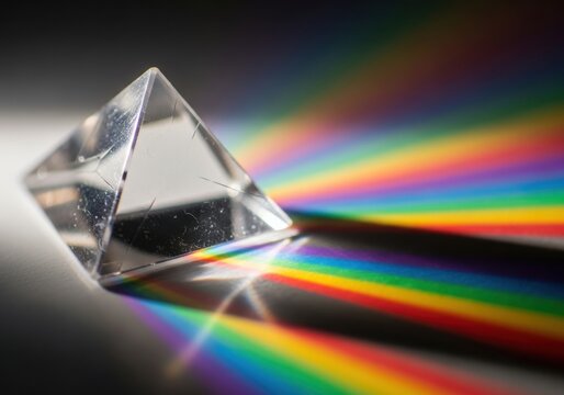 Crystal prism refracting light into colorful rainbow spectrum beams