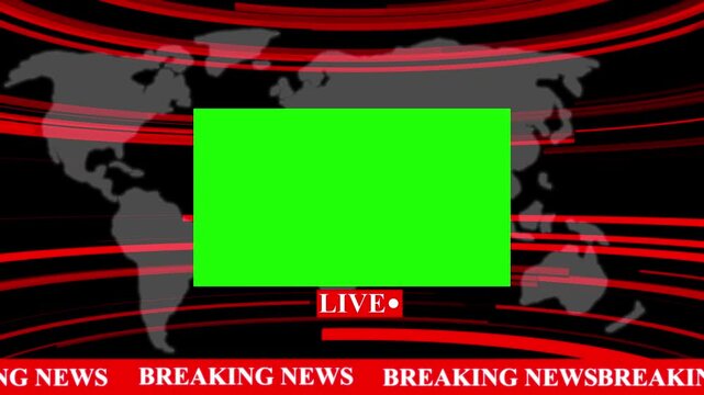 Breaking news broadcast template with green screen overlay and map background, for media production, chroma key
