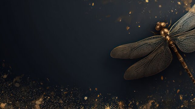 Golden dragonfly on a dark backdrop speckled with gold glitter-like particles