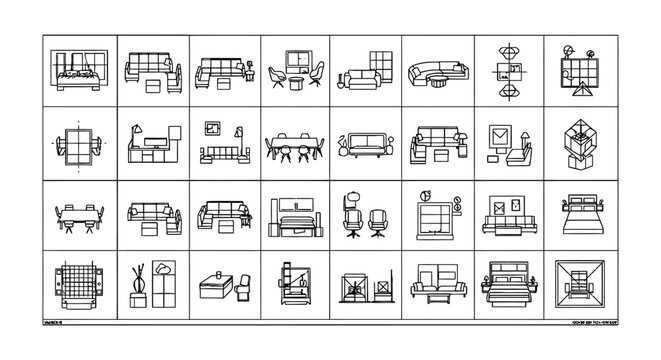 Professional Architectural Furniture Block Library for AutoCAD 2D with Interior Design Floor Plans and Technical Blueprints featuring Sofa, Couch, and Table Plan Vectors.