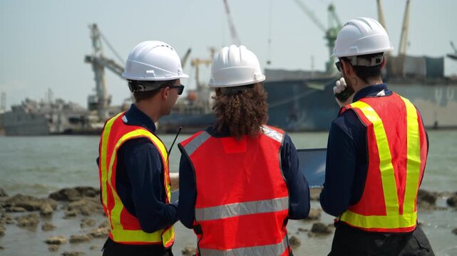 A team of engineers in safety gear walk beside the water at a port inspected the operations of the deep-sea port and cargo ships, Large ships and cranes are visible in the background