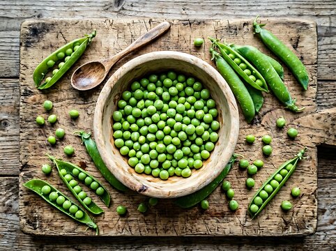 Fresh green peas in a bowl with wooden background