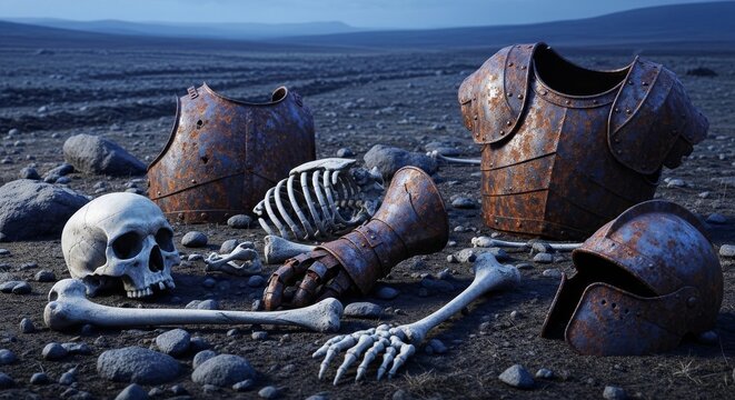 Skeletal remains and rusty armor on desolate battlefield