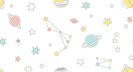 Minimalist Outline Space Elements Seamless Pattern with Constellations on an Isolated White Background © NOXY 