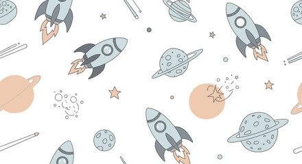 Muted Cartoon Space Pattern with Rockets, Planets, and Stars on a Light Beige Background © NOXY 