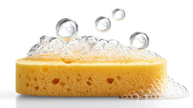 Yellow porous cleaning sponge with soap foam and water bubbles isolated on transparent background