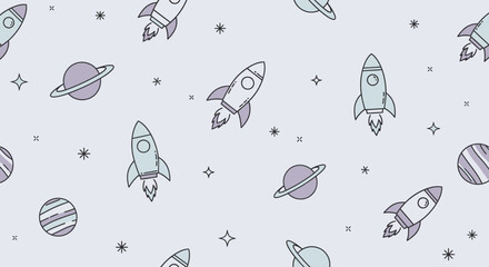 Muted Blue Seamless Space Pattern with Cute Cartoon Rockets, Planets, and Stars © NOXY 