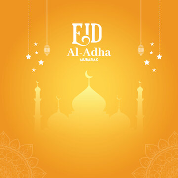 Eid al-Adha Mubarak celebration with lanterns, crescent moon, and mosque silhouette
