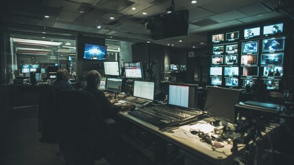 Fototapeta premium Broadcast control room with technicians monitoring media production