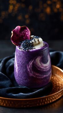Beni imo smoothie with black sesame and cream on a golden tray