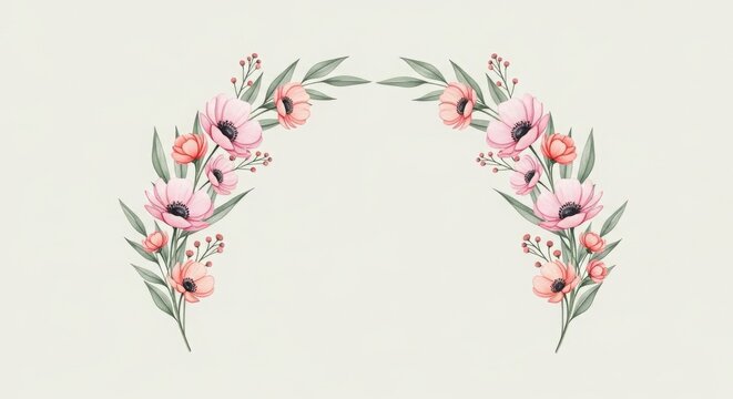 Beautiful floral wreath with pink flowers and green leaves on beige background