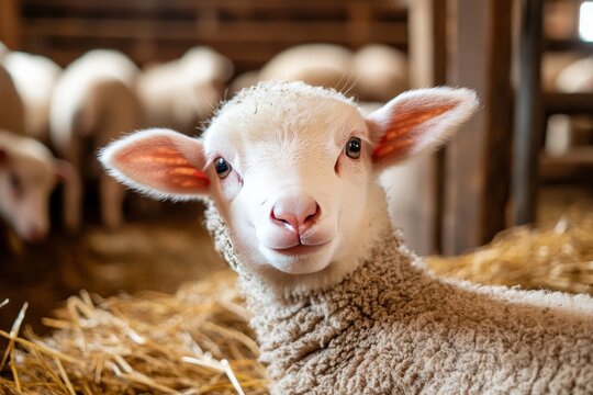 Lovely lamb stares at the camera inside a cattle barn with a flock of sheep in the background eating food