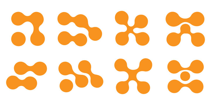 Diagonal metaball connected circles shape. Abstract nerve cell dots or computer nano net. Liquid oil curved morphs as molecule spotted waves. Rounded design elements for logo, tag, emblem,poster,icon.