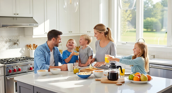 Happy family preparing breakfast together in modern kitchen isolated on transparent background