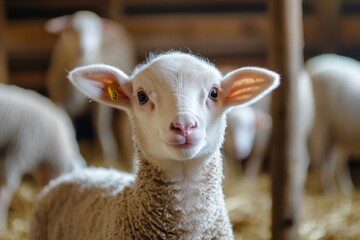 Obraz premium Lamb looks at camera while flock of sheep eats food in cattle barn during daytime hours