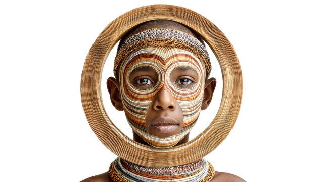 Studio portrait of African child with circular face paint and large wooden neck ring jewelry