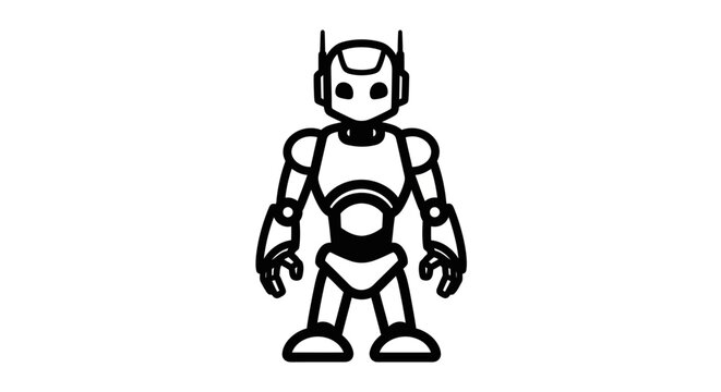 Black and white illustration of a humanoid robot with detailed mechanical joints and a futuristic design.