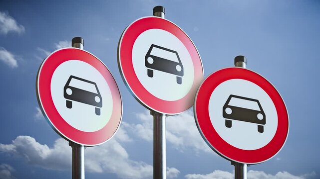 Three rotating no cars allowed traffic signs on poles against blue sky, 3D road sign animation loop with static camera and alpha channel overlay