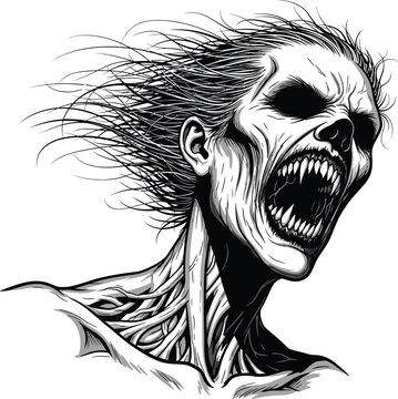 Black and white zombie head with open mouth and exposed teeth monster skull skeleton undead