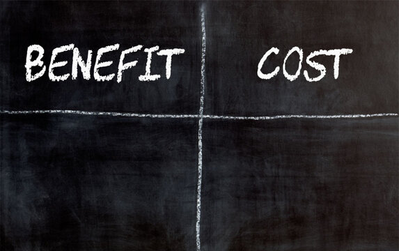 Chalkboard with benefit versus cost analysis written in white chalk on blackboard background