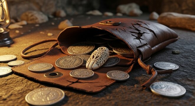 Tarnished Silver Coins Spill From Old Leather Pouch